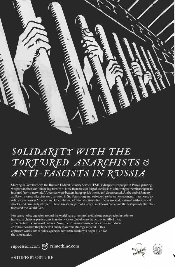 Fotka  ‘Solidarity with the Tortured Anarchists and Anti-Fascists in Russia’ přední strana
