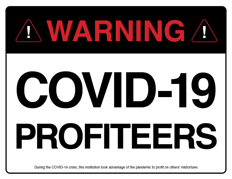 Fotka  ‘Warning: COVID-19 Profiteers’ přední strana